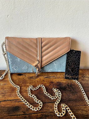 Baby Phat Denim & Faux Leather Crossbody Wristlet Clutch with Gold Chain NWT